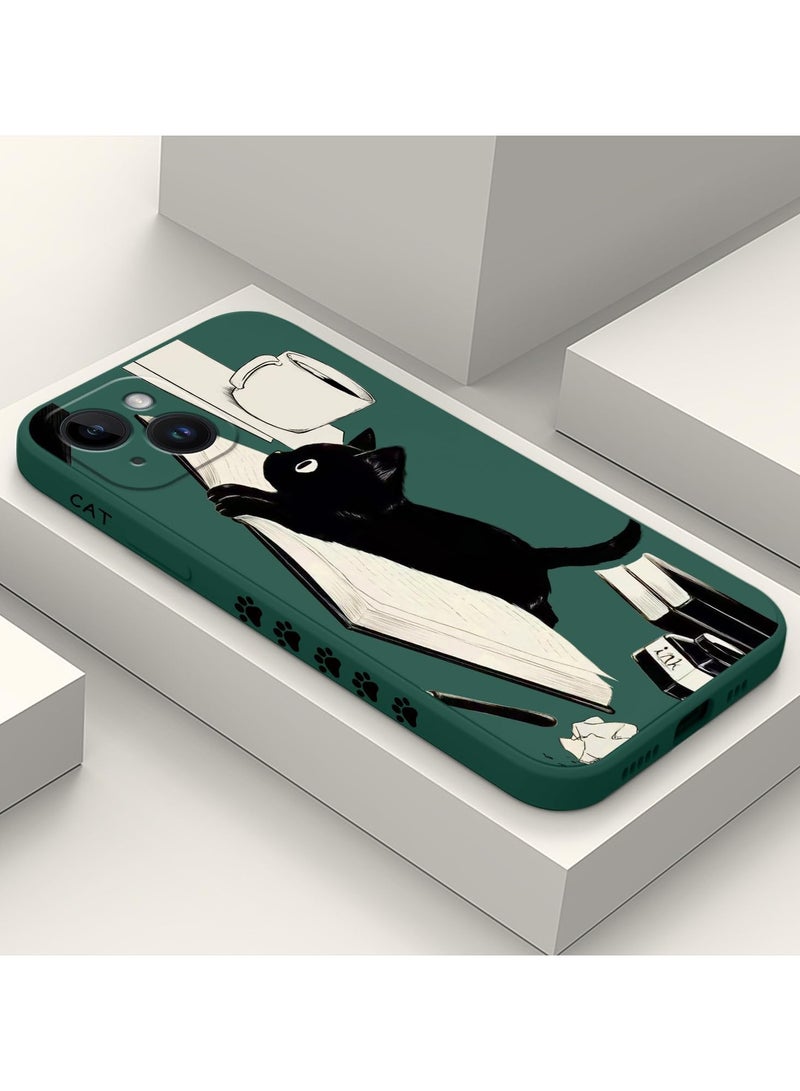 غطاء آيفون 14 بلس بتصميم نمط زهرة إبداعي، غطاء هاتف رقيق ومرن من السيليكون، مقاوم للصدمات، يناسب آيفون 14 بلس، 6.7 إنش - أخضر مع صورة قطة - Image 2