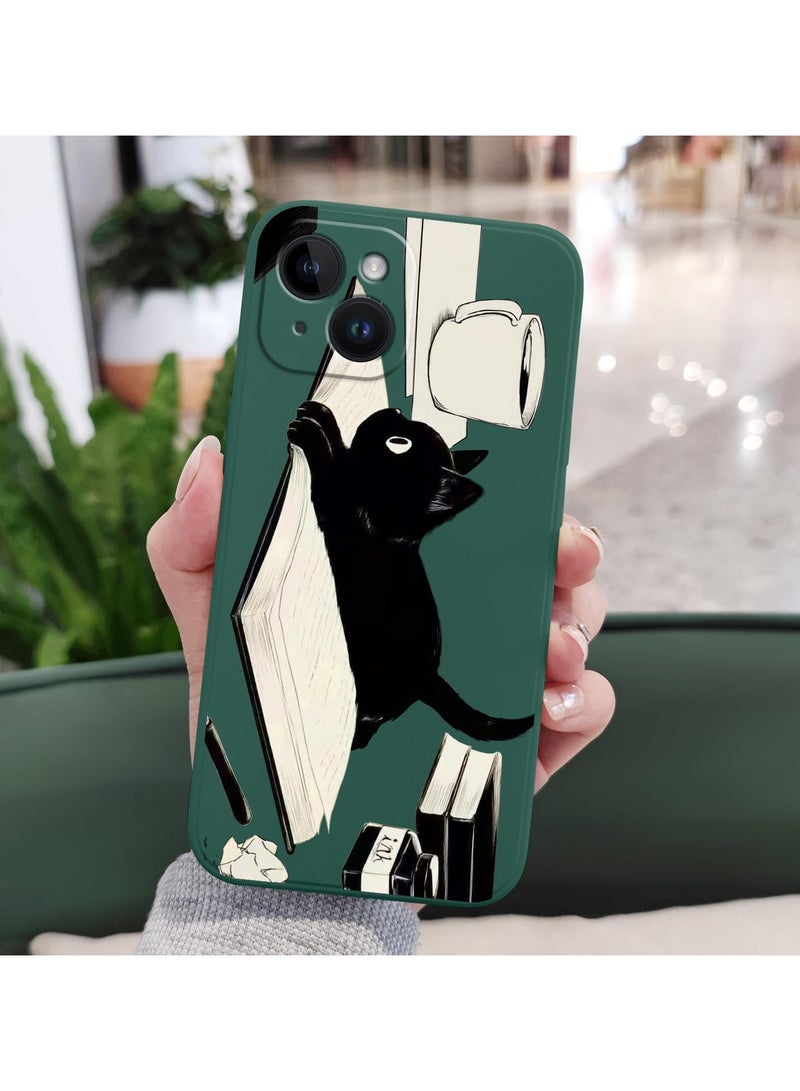 غطاء آيفون 14 بلس بتصميم نمط زهرة إبداعي، غطاء هاتف رقيق ومرن من السيليكون، مقاوم للصدمات، يناسب آيفون 14 بلس، 6.7 إنش - أخضر مع صورة قطة - Image 4