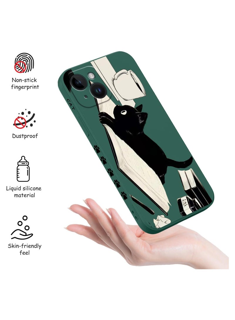 غطاء آيفون 14 بلس بتصميم نمط زهرة إبداعي، غطاء هاتف رقيق ومرن من السيليكون، مقاوم للصدمات، يناسب آيفون 14 بلس، 6.7 إنش - أخضر مع صورة قطة - Image 5