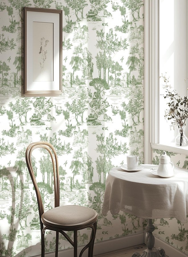 WENMER Toile Wallpaper, 17.7" X 590" Green and White Peel and Stick Wall Paper, Toile de Jouy Wallpaper, French Vintage Contact Paper for Bedroom, Walls, Backdrop, Cabinet, Home Decor - Image 1