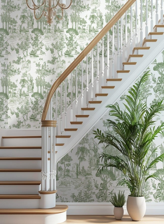 WENMER Toile Wallpaper, 17.7" X 590" Green and White Peel and Stick Wall Paper, Toile de Jouy Wallpaper, French Vintage Contact Paper for Bedroom, Walls, Backdrop, Cabinet, Home Decor - Image 2