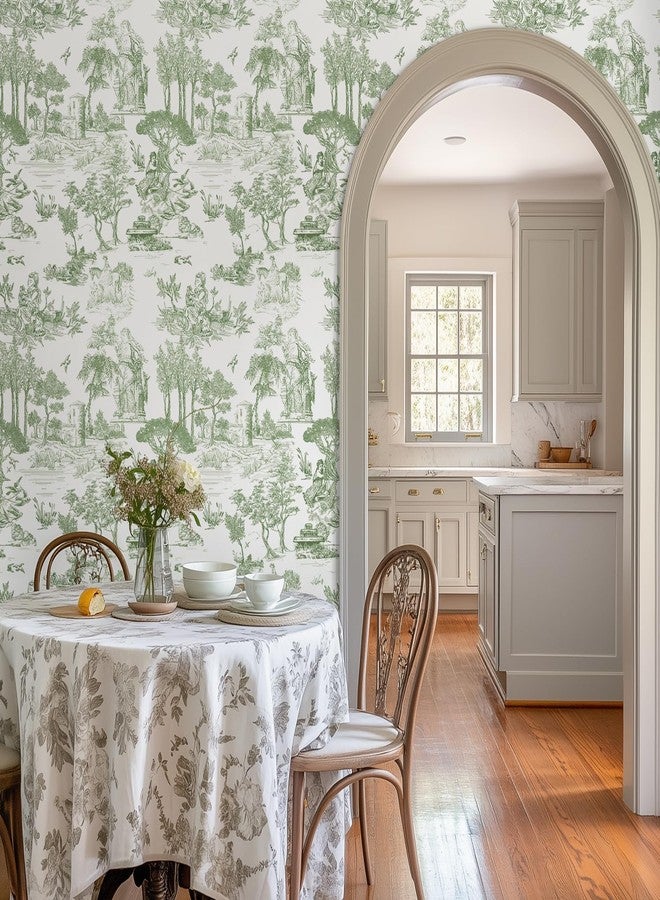 WENMER Toile Wallpaper, 17.7" X 590" Green and White Peel and Stick Wall Paper, Toile de Jouy Wallpaper, French Vintage Contact Paper for Bedroom, Walls, Backdrop, Cabinet, Home Decor - Image 4