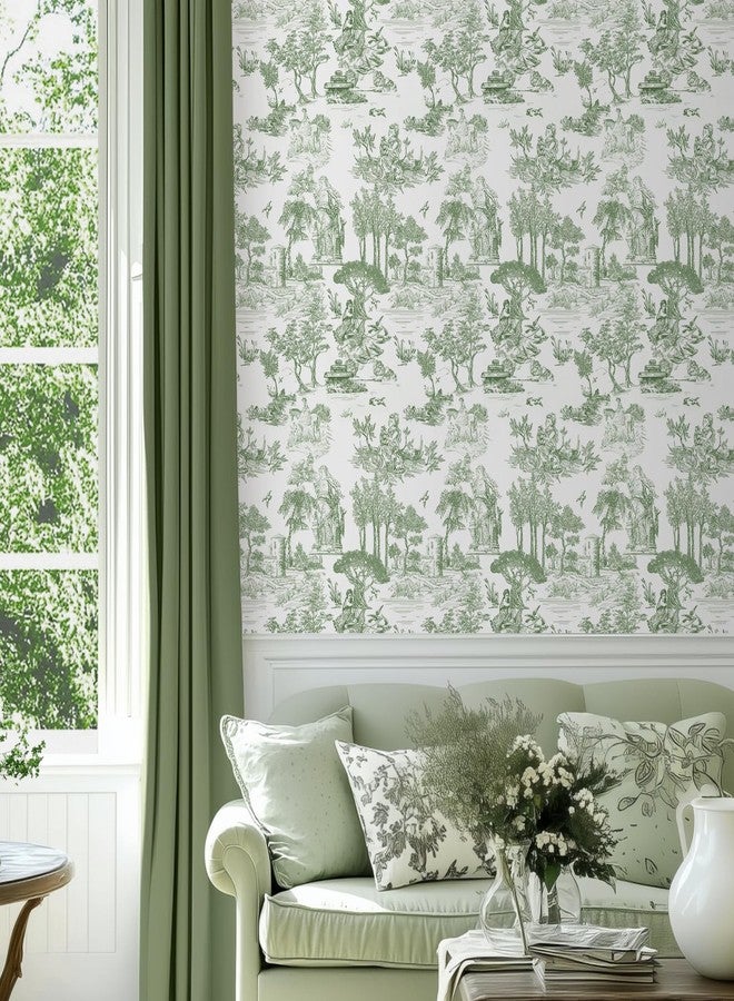 WENMER Toile Wallpaper, 17.7" X 590" Green and White Peel and Stick Wall Paper, Toile de Jouy Wallpaper, French Vintage Contact Paper for Bedroom, Walls, Backdrop, Cabinet, Home Decor - Image 5