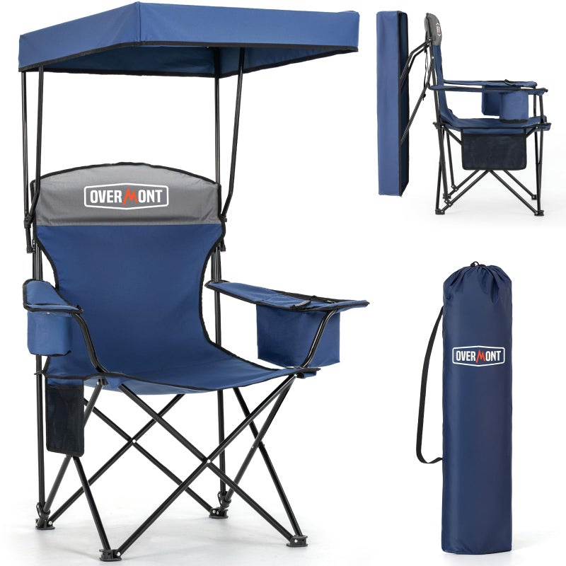 Overmont Beach Chair with Canopy Shade and Cooler Support 330lbs Oversized Folding Camping Chair with Umbrella Cup Holder Cool Bag Lounge Chair for Sand Travel Outdoor Pool Sports Blue