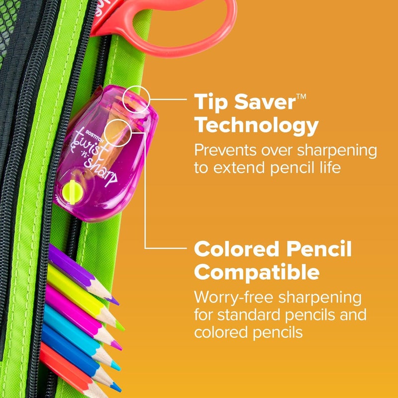 Bostitch مبراة أقلام المكتب، يدوية، لون متنوع واحد، Twist-n-Sharp، للأطفال، الأولاد، البنات، أقلام ملونة، 1 عبوة - Image 4