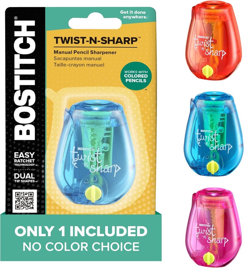 Bostitch مبراة أقلام المكتب، يدوية، لون متنوع واحد، Twist-n-Sharp، للأطفال، الأولاد، البنات، أقلام ملونة، 1 عبوة - Image 1
