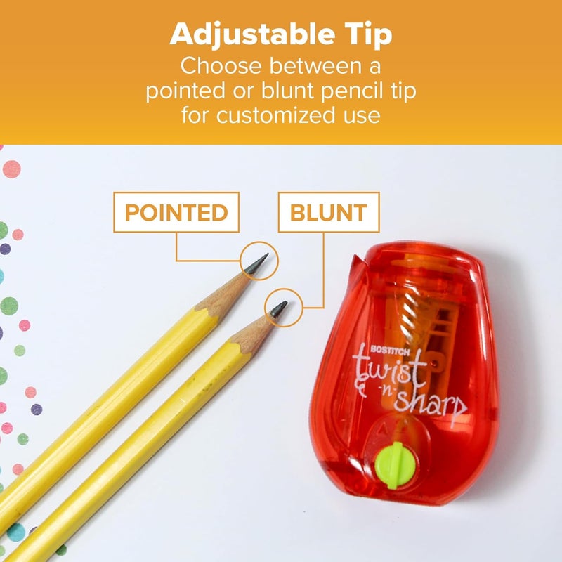 Bostitch مبراة أقلام المكتب، يدوية، لون متنوع واحد، Twist-n-Sharp، للأطفال، الأولاد، البنات، أقلام ملونة، 1 عبوة - Image 5