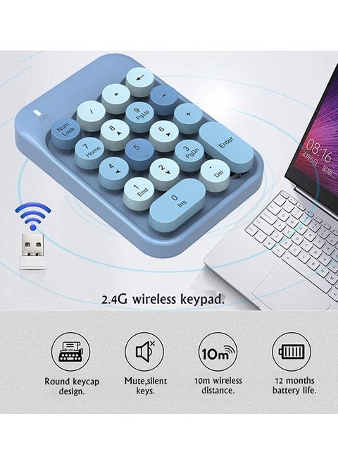 لوحة أرقام لاسلكية، لوحة مفاتيح رقمية لاسلكية 2.4 جيجا هرتز، أغطية مفاتيح دائرية على الطراز القديم، لوحة أرقام محمولة مكونة من 18 مفتاحًا، مناسبة لجهاز استقبال USB لأجهزة الكمبيوتر المحمولة، والكمبيوتر الدفتري، وSurface، وMac، وPad-Blue