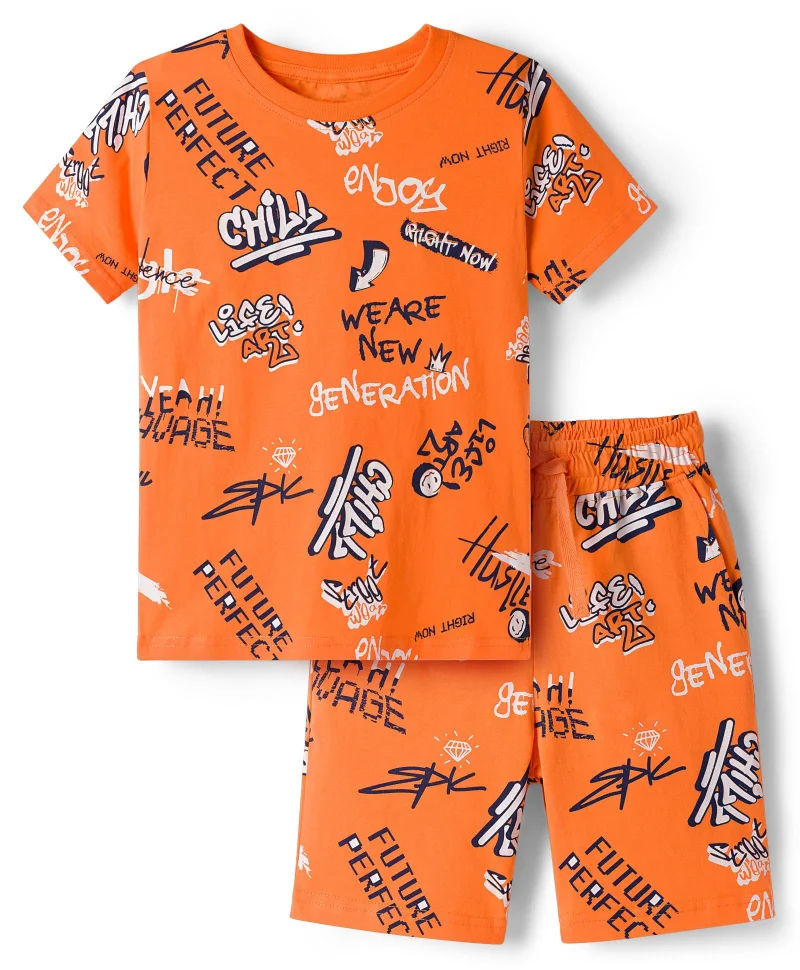 Pine Kids Pine Kids Single Jersey Knit Half Sleeves Shorts Night Suit With Text Print - Orange