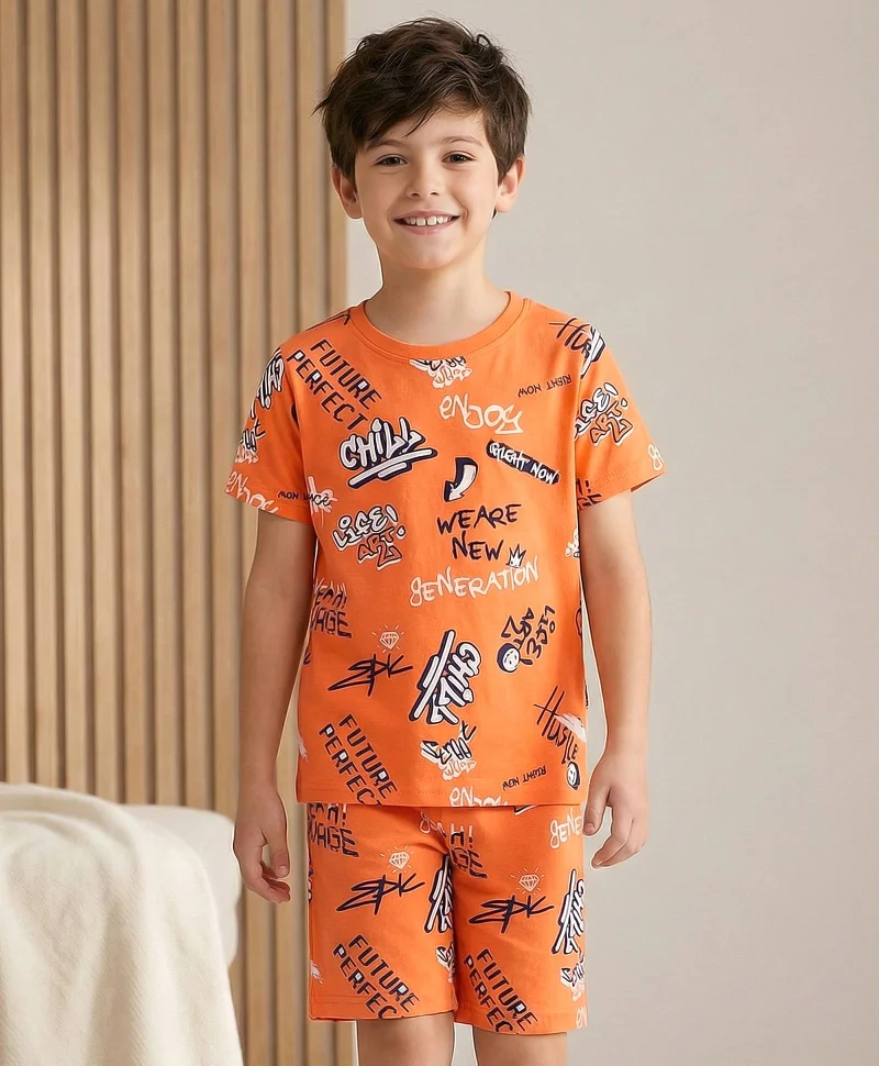 Pine Kids Pine Kids Single Jersey Knit Half Sleeves Shorts Night Suit With Text Print - Orange