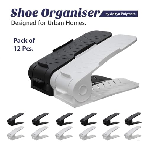 Aditya polymers 12 Pc. Height Adjustable Shoe Organizers/Organiser/Shoe Shelf/Rack/Slots/Space Saver/Double Deck/Layer/Storage Cum Organizer-Black&White Combo 12 Pcs. Plastic,27x10.5x7.5 CM - Image 2
