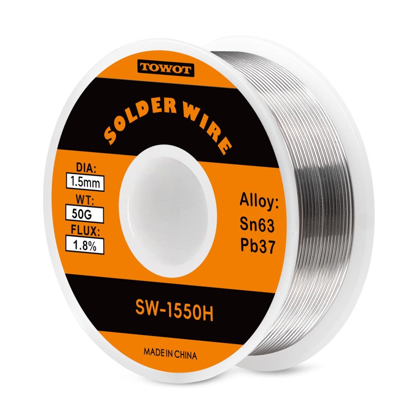 TOWOT 63-37 High Purity Tin Lead Rosin Core Solder Wire for Electrical Soldering, Content 1.8% Solder Flux (1.5mm, 50g) - Image 1