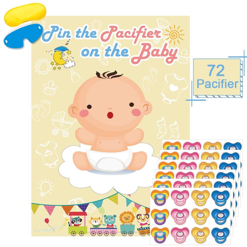Hxezoc Pin The Pacifier On The Baby Game - Large Poster for Baby Shower Party, Kids Birthday Party Supplies - 72 Pacifier Stickers - Image 1
