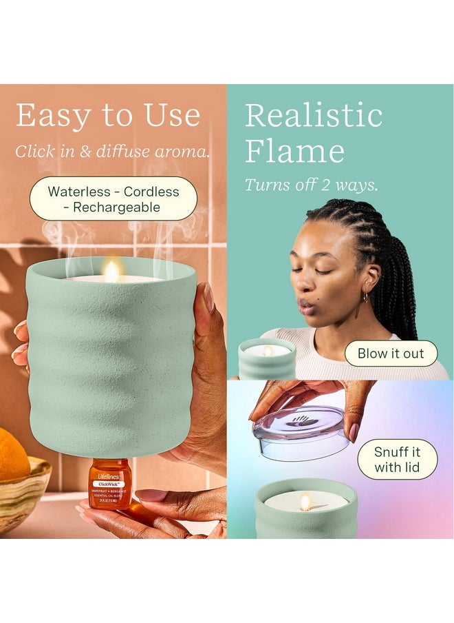 Flameless Candle Aromatherapy Essential Oil Diffuser With Clickwick Essential Oil Blend - Cordless & Waterless Diffuser For Home - Scented Electric Candles Blow Out Flame - Green Bubble