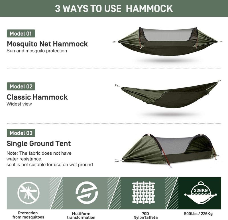 ETROL Camping Hammock with Mosquito Net,3 in 1 Function Parachute Portable Hammock,Double & Single Hammocks Tent for Travel Outdoor Indoor Hiking Patio - with Tree ​Straps,Carabiners,Aluminium Poles - Image 2