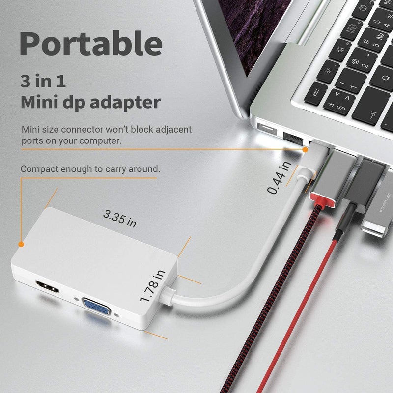 Tobo Mini DisplayPort to HDMI VGA DVI Adapter,Thunderbolt 2 to VGA HDMI DVI Converter (Male to Female),3 in 1 Mini DP Adapter for Laptop Connect Monitor TV ProjectorTD-192TC. - Image 2
