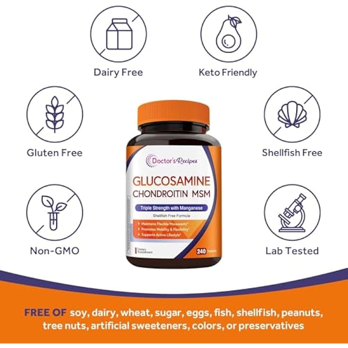 Doctor's Recipes Glucosamine Chondroitin MSM and Manganese Supplement, 1800 mg Glucosamine HCl, NO Shellfish, Healthy Structure & Movements, Flexibility Support for Men & Women, 240 Tablets - Image 5