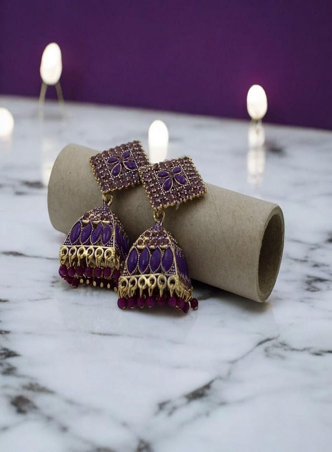 ADHVIK Traditional Purple Color Jhumka Earrings Set for Women & Girls,antique Gold Plated Ethnic Jewelry,lightweight Oxidized Indian Earrings for Festive - Image 4