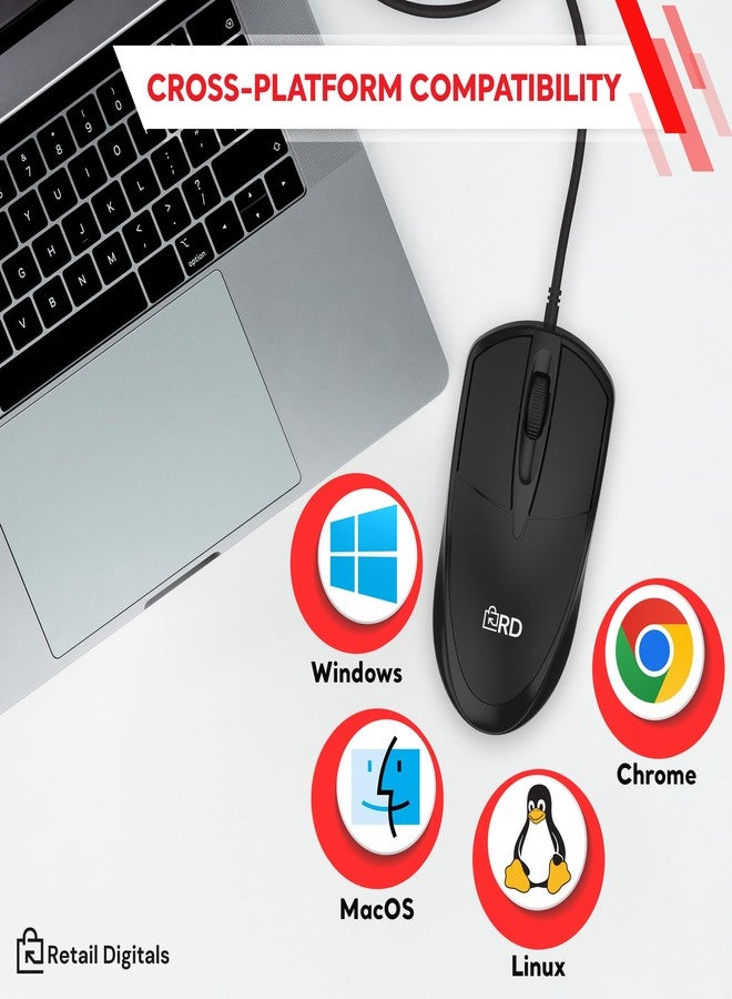 Retail Digitals 3-Button USB Wired Mouse | High-Precision Optical Tracking | Durable for Desktop & Laptop | Black - Image 3