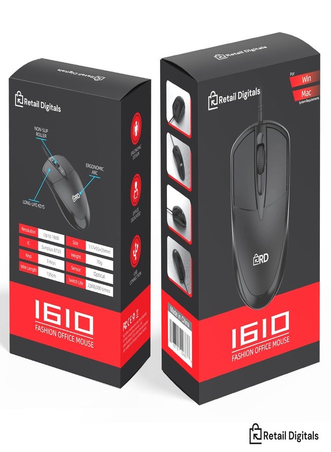 Retail Digitals 3-Button USB Wired Mouse | High-Precision Optical Tracking | Durable for Desktop & Laptop | Black - Image 2