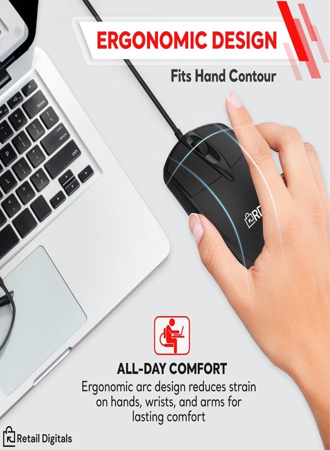 Retail Digitals 3-Button USB Wired Mouse | High-Precision Optical Tracking | Durable for Desktop & Laptop | Black - Image 5
