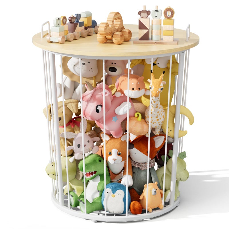 BBLIKE Large Stuffed Animal Storage End Table - Sturdy Metal Kids Toy Storage Bin, Stuffed Zoo Animal Holder for Bedroom, Living Room, Nursery, Perfect for Plush Toy Organizer, Wood - Image 1