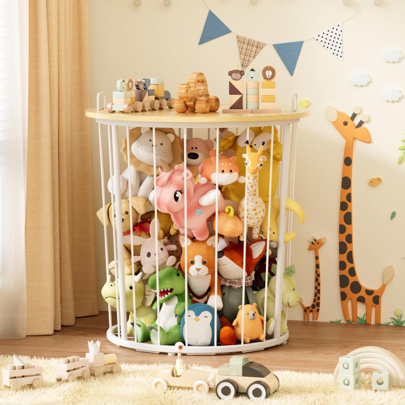 BBLIKE Large Stuffed Animal Storage End Table - Sturdy Metal Kids Toy Storage Bin, Stuffed Zoo Animal Holder for Bedroom, Living Room, Nursery, Perfect for Plush Toy Organizer, Wood - Image 2