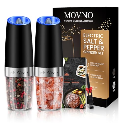 Gravity Electric Salt and Pepper Grinder Set Battery Powered LED Light One Hand Automatic Operation Adjustable Coarseness Mill Grinders Shakers Black ABlack 2p