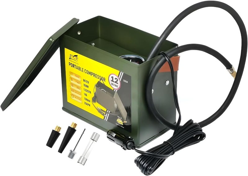 3Xr Portable Air Compressor, 12V Dc, 160W, 150 Psi, Metal Housing, With 3 Adapters For Auto Tires, Bike Tires, Balls, And Inflatable Boats, Oil-Free And Maintenance-Free - Image 2