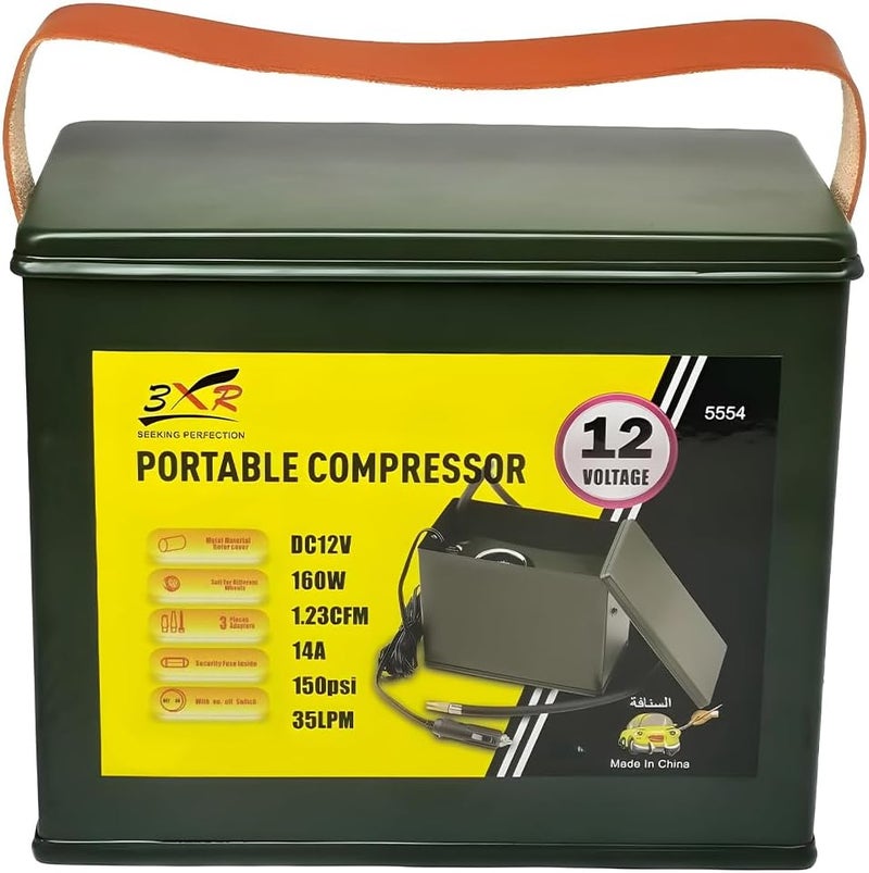 3Xr Portable Air Compressor, 12V Dc, 160W, 150 Psi, Metal Housing, With 3 Adapters For Auto Tires, Bike Tires, Balls, And Inflatable Boats, Oil-Free And Maintenance-Free - Image 3