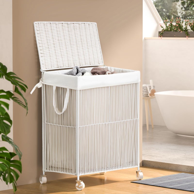 WOWLIVE Laundry Hamper with Wheels, Handwoven Rolling Laundry Basket with Lid, Clothes Hamper with Divided Removable Liner Bag, 115L Large Laundry Sorter Laundry Room Organization, Creamy White - Image 2