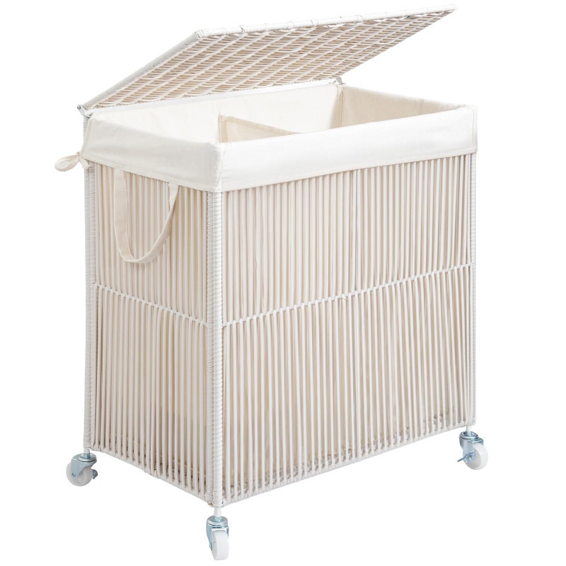 WOWLIVE Laundry Hamper with Wheels, Handwoven Rolling Laundry Basket with Lid, Clothes Hamper with Divided Removable Liner Bag, 115L Large Laundry Sorter Laundry Room Organization, Creamy White - Image 1