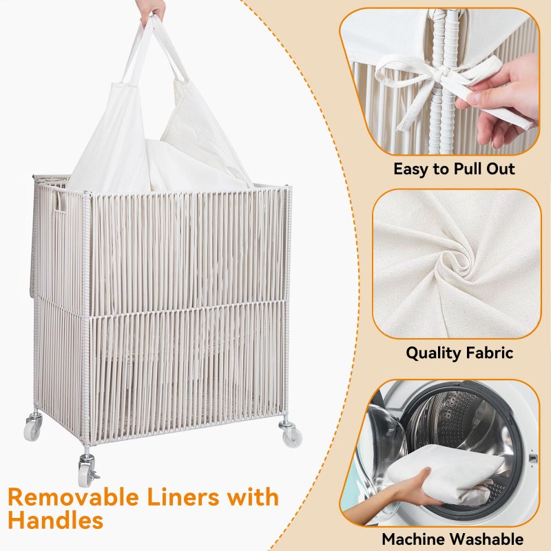 WOWLIVE Laundry Hamper with Wheels, Handwoven Rolling Laundry Basket with Lid, Clothes Hamper with Divided Removable Liner Bag, 115L Large Laundry Sorter Laundry Room Organization, Creamy White - Image 5