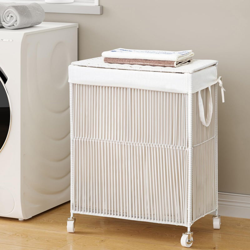 WOWLIVE Laundry Hamper with Wheels, Handwoven Rolling Laundry Basket with Lid, Clothes Hamper with Divided Removable Liner Bag, 115L Large Laundry Sorter Laundry Room Organization, Creamy White - Image 4