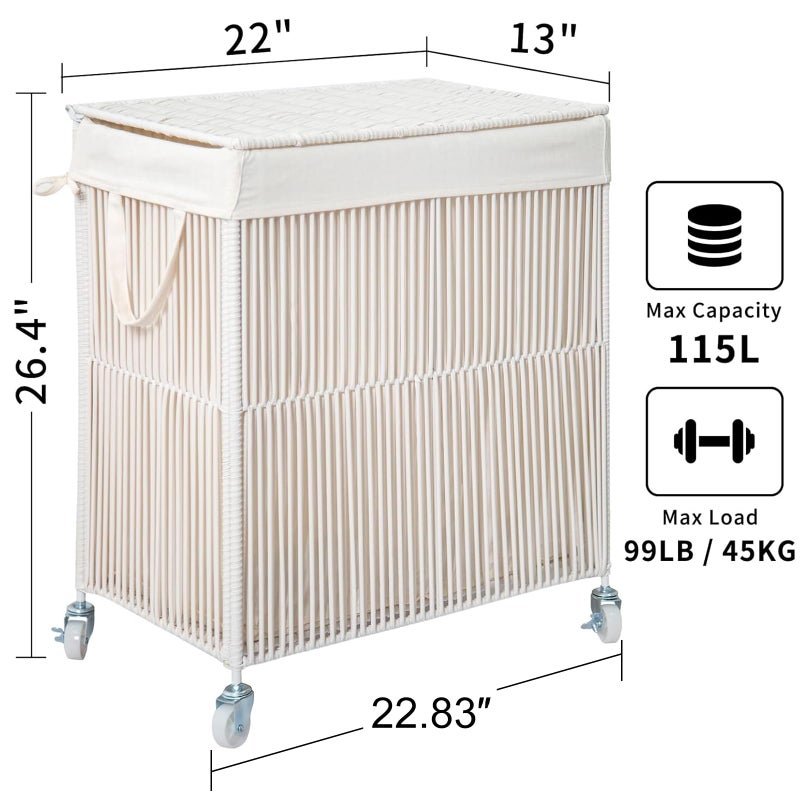 WOWLIVE Laundry Hamper with Wheels, Handwoven Rolling Laundry Basket with Lid, Clothes Hamper with Divided Removable Liner Bag, 115L Large Laundry Sorter Laundry Room Organization, Creamy White - Image 3