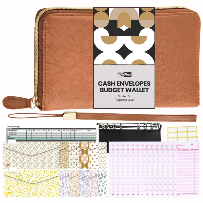 THREE WAY CUT Cash Envelope Wallet Brown All in One Budget System RFID Blocking with 12x Tabbed Cash Envelopes, 12x Monthly Budget Cards,1x Yearly budget planner sheet Complete Money Organizer Set for Cash - Image 1