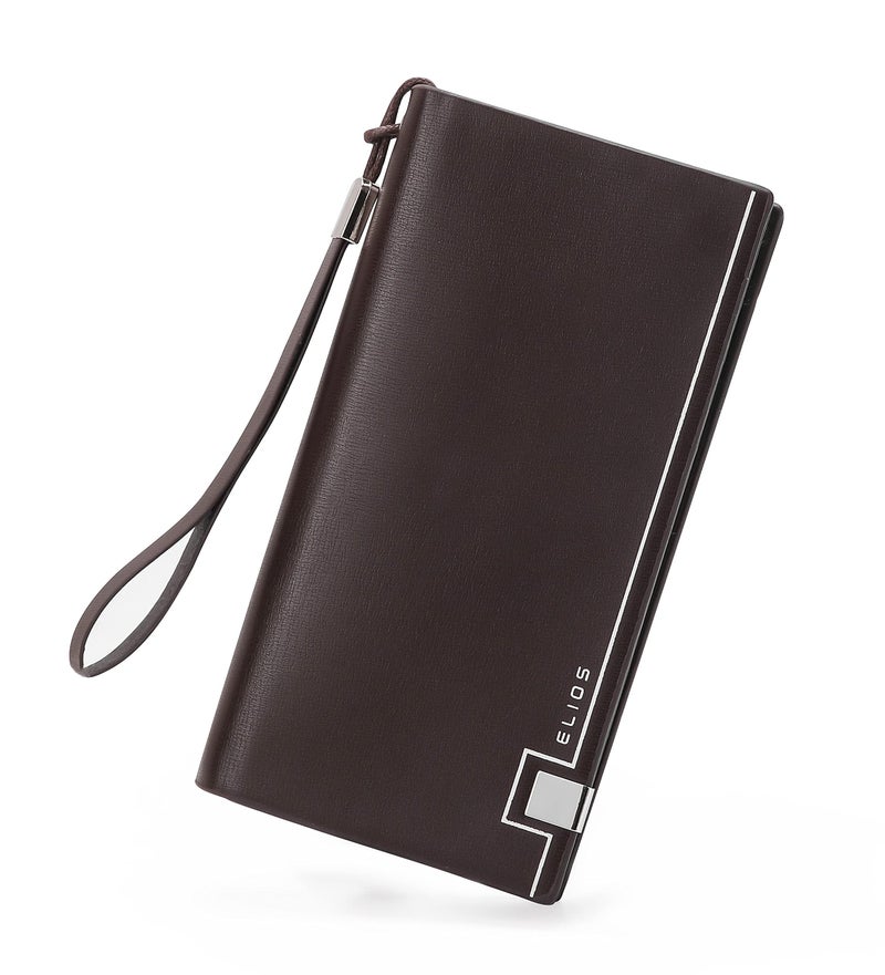 Elios Women's Large Capacity PU Leather Clutch Wallet Card Phone Holder Organizer Ladies Purse with Wrist Strap (Brown) - Image 1