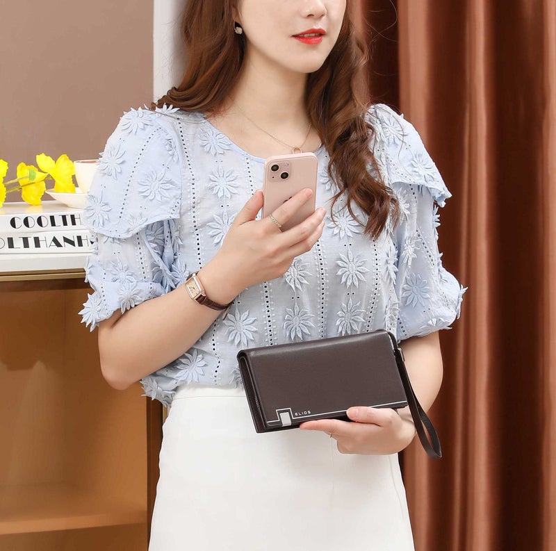 Elios Women's Large Capacity PU Leather Clutch Wallet Card Phone Holder Organizer Ladies Purse with Wrist Strap (Brown) - Image 2