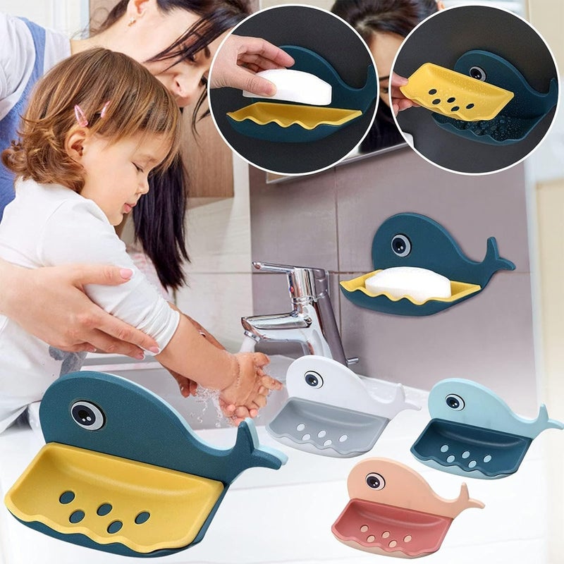 Luckam حامل صابون على شكل حوت، 4 قطع ذات لاصق ذاتي مع فتحات تصريف، صينية صابون كرتونية كاواي - Image 3
