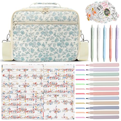 WOBAGMEN Bible Cover Case for Women,Large Quilted Bible Bag with Study Supplies,Stylish Church Bag Bible Journaling Kit,Mothers Day Christian Gifts for Women (Blue Small Floral, M) - Image 1