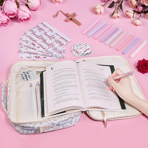 WOBAGMEN Bible Cover Case for Women,Large Quilted Bible Bag with Study Supplies,Stylish Church Bag Bible Journaling Kit,Mothers Day Christian Gifts for Women (Blue Small Floral, M) - Image 2