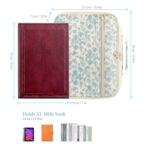 WOBAGMEN Bible Cover Case for Women,Large Quilted Bible Bag with Study Supplies,Stylish Church Bag Bible Journaling Kit,Mothers Day Christian Gifts for Women (Blue Small Floral, M) - Image 3