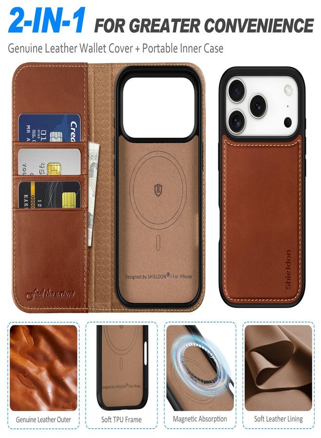 SHIELDON 2 in 1 Detachable Wallet Case for iPhone 17 Pro 6.3-inch, Genuine Leather, Wireless Charging, RFID Blocking, Card Holder, Kickstand, Magnetic, Shockproof, Removable Flip Cover - Retro Brown - Image 5