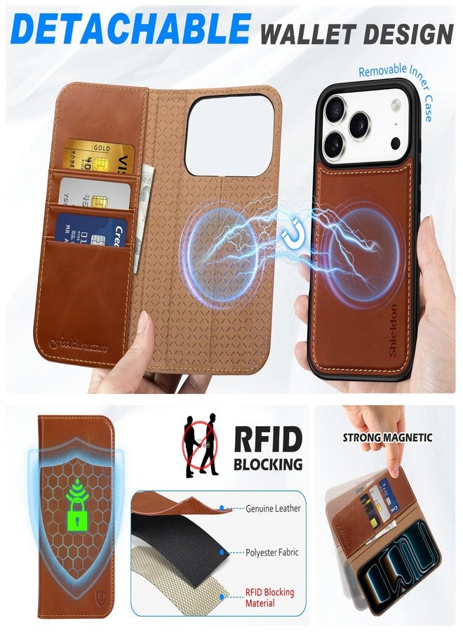 SHIELDON 2 in 1 Detachable Wallet Case for iPhone 17 Pro 6.3-inch, Genuine Leather, Wireless Charging, RFID Blocking, Card Holder, Kickstand, Magnetic, Shockproof, Removable Flip Cover - Retro Brown - Image 3