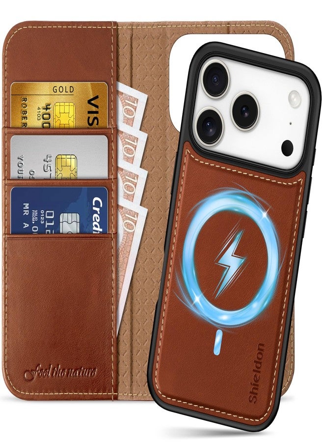 SHIELDON 2 in 1 Detachable Wallet Case for iPhone 17 Pro 6.3-inch, Genuine Leather, Wireless Charging, RFID Blocking, Card Holder, Kickstand, Magnetic, Shockproof, Removable Flip Cover - Retro Brown - Image 1