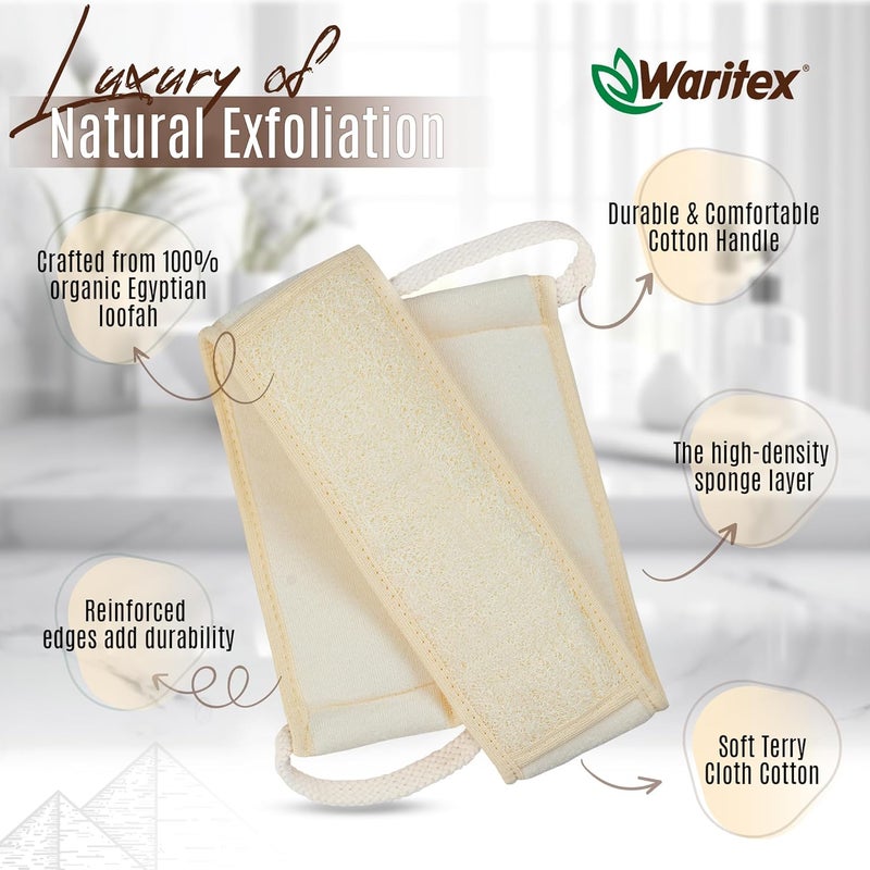 Waritex Natural Egyptian Loofah Back Scrubber for Shower ExtraLong Exfoliating Strap Made with Natural Egyptian Loofah Fibers Deep Cleaning Body Sponge for Men and Women Soft Cotton Handles - Image 2