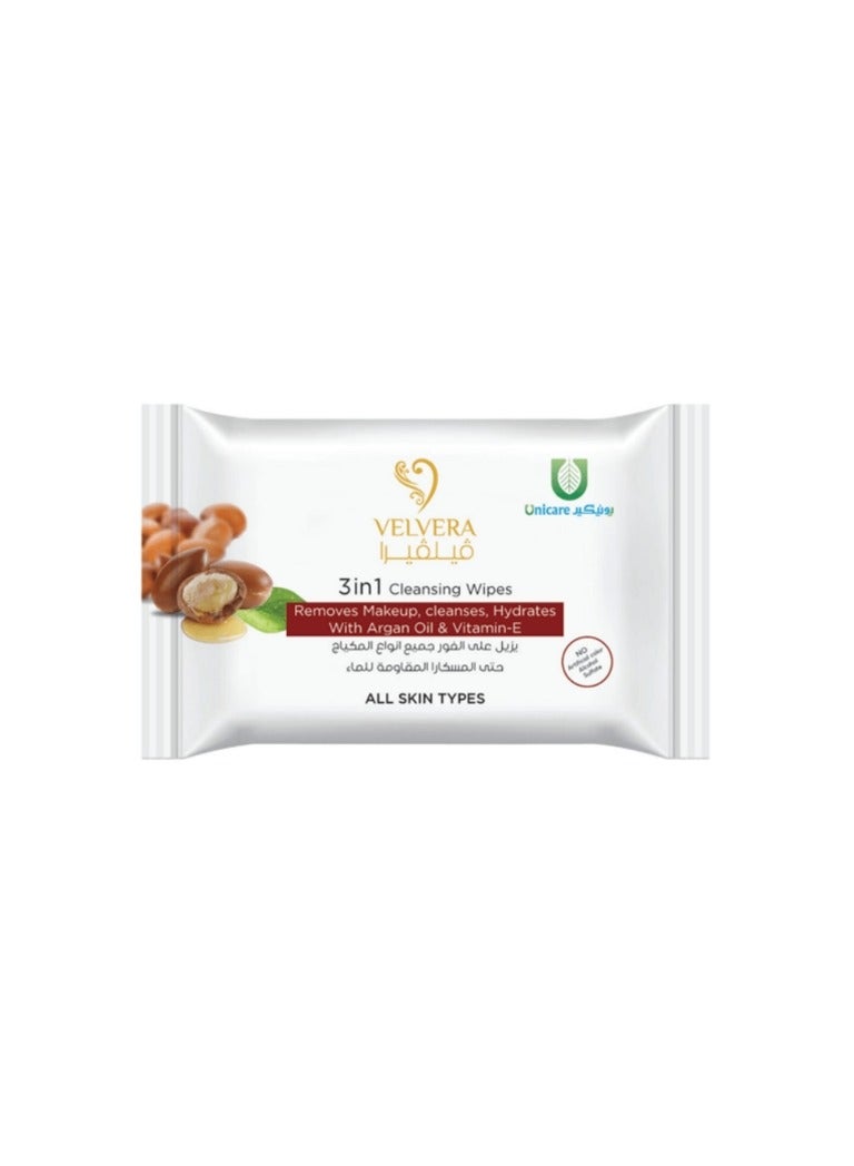 Velvera 3 in 1 Cleansing Wipes Removes Makeup, Cleanses, Hydrates With Argan Oil & Vitamin-E 25Wipes - Image 1
