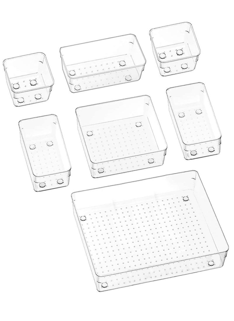 XiuWoo - 7-Piece Plastic Clear Desk Drawer Organizers Trays Set For Bedroom Dresser Makeup Kitchen Utensil Office - Image 1
