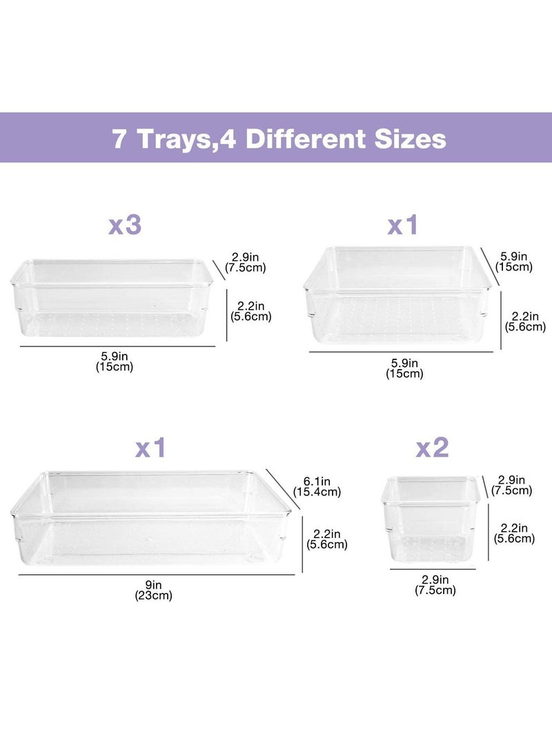 XiuWoo - 7-Piece Plastic Clear Desk Drawer Organizers Trays Set For Bedroom Dresser Makeup Kitchen Utensil Office - Image 1
