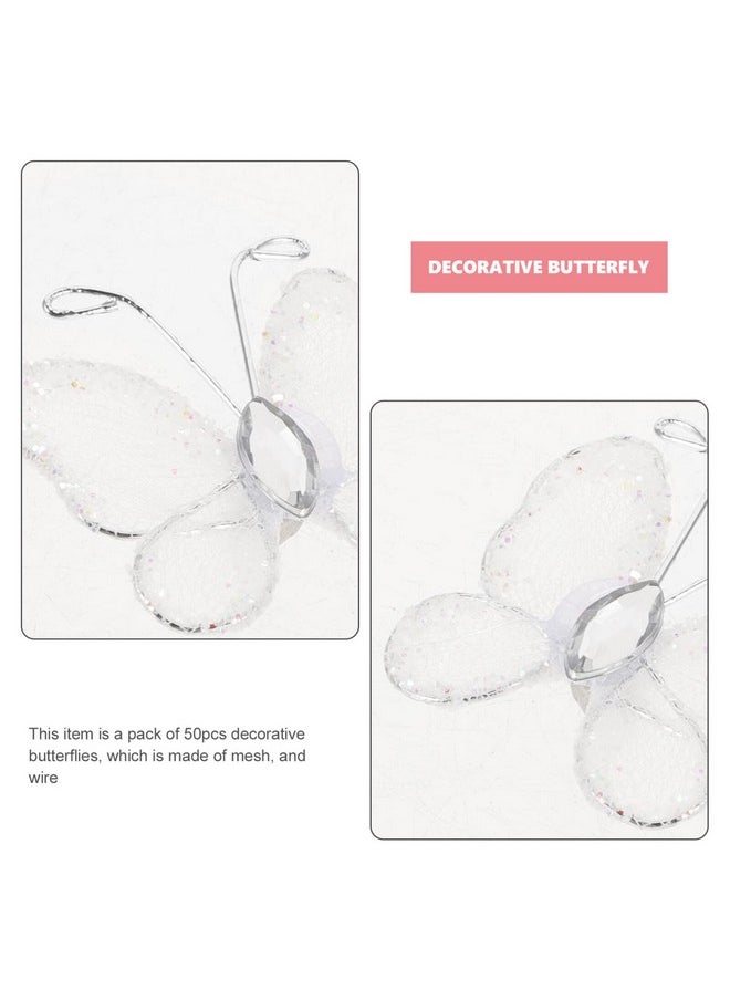 Beaupretty Beaupretty 50pcs Butterflies, DIY Craft Sheer Mesh Wire Glitter Butterfly with Gem for Wedding Home Decor Party ( White )  - Image 2